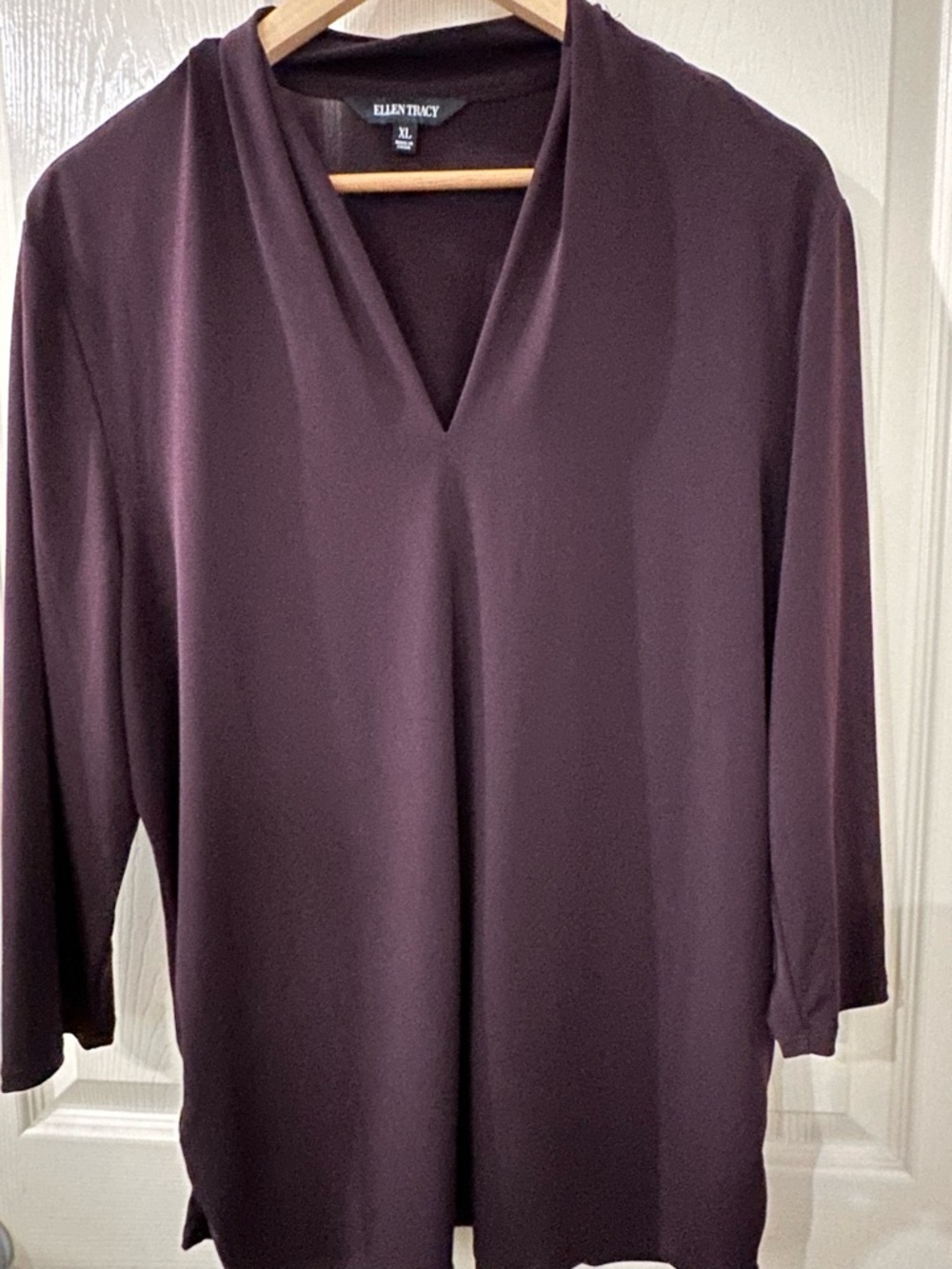 Ellen Tracy Women's Plum V-Neck 3/4 Length Sleeve Top, rushing on sides at hem